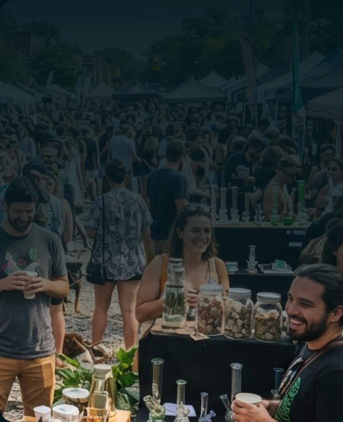 A busy outdoor market with herb and tea stalls