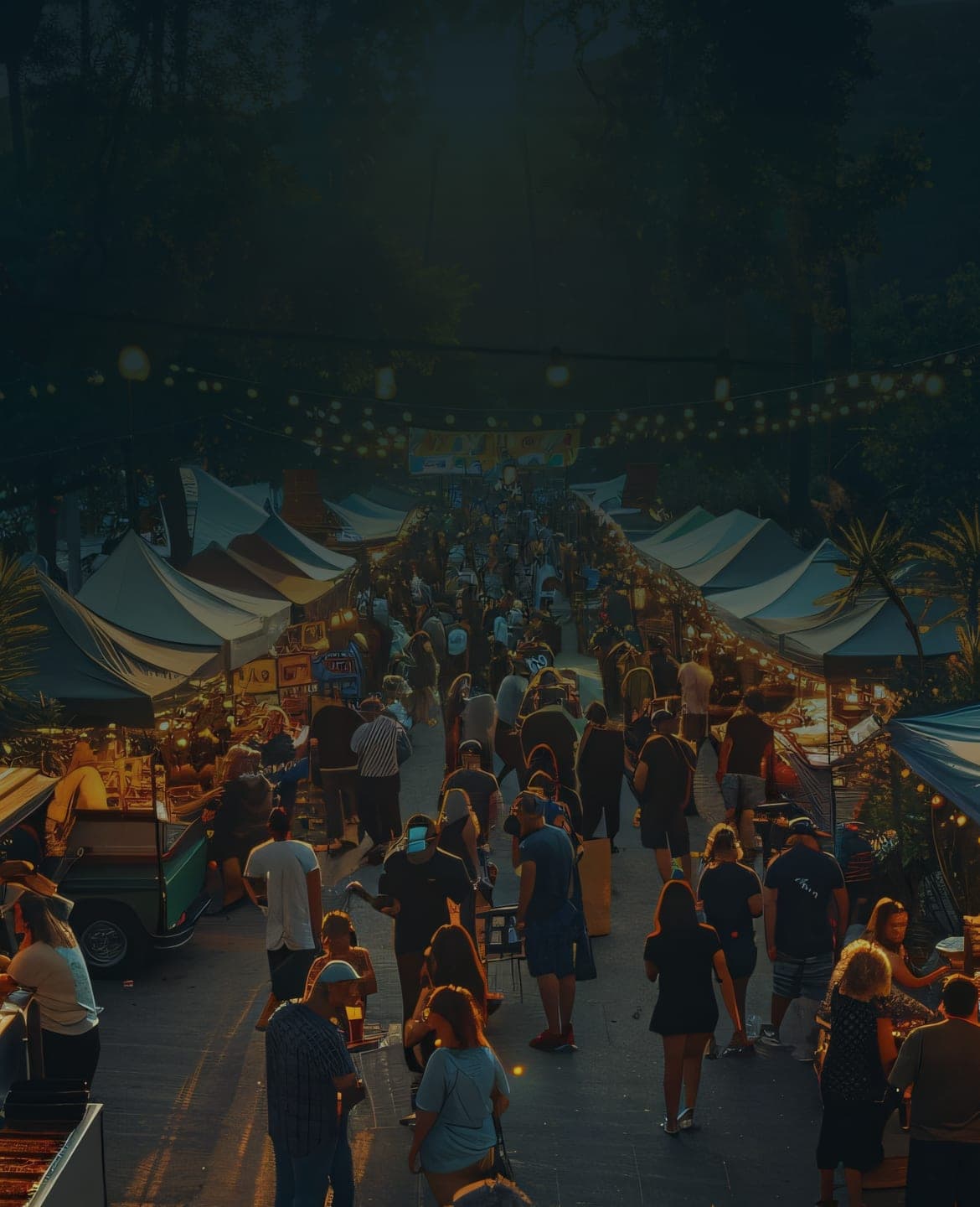 A busy evening market with stalls under string lights